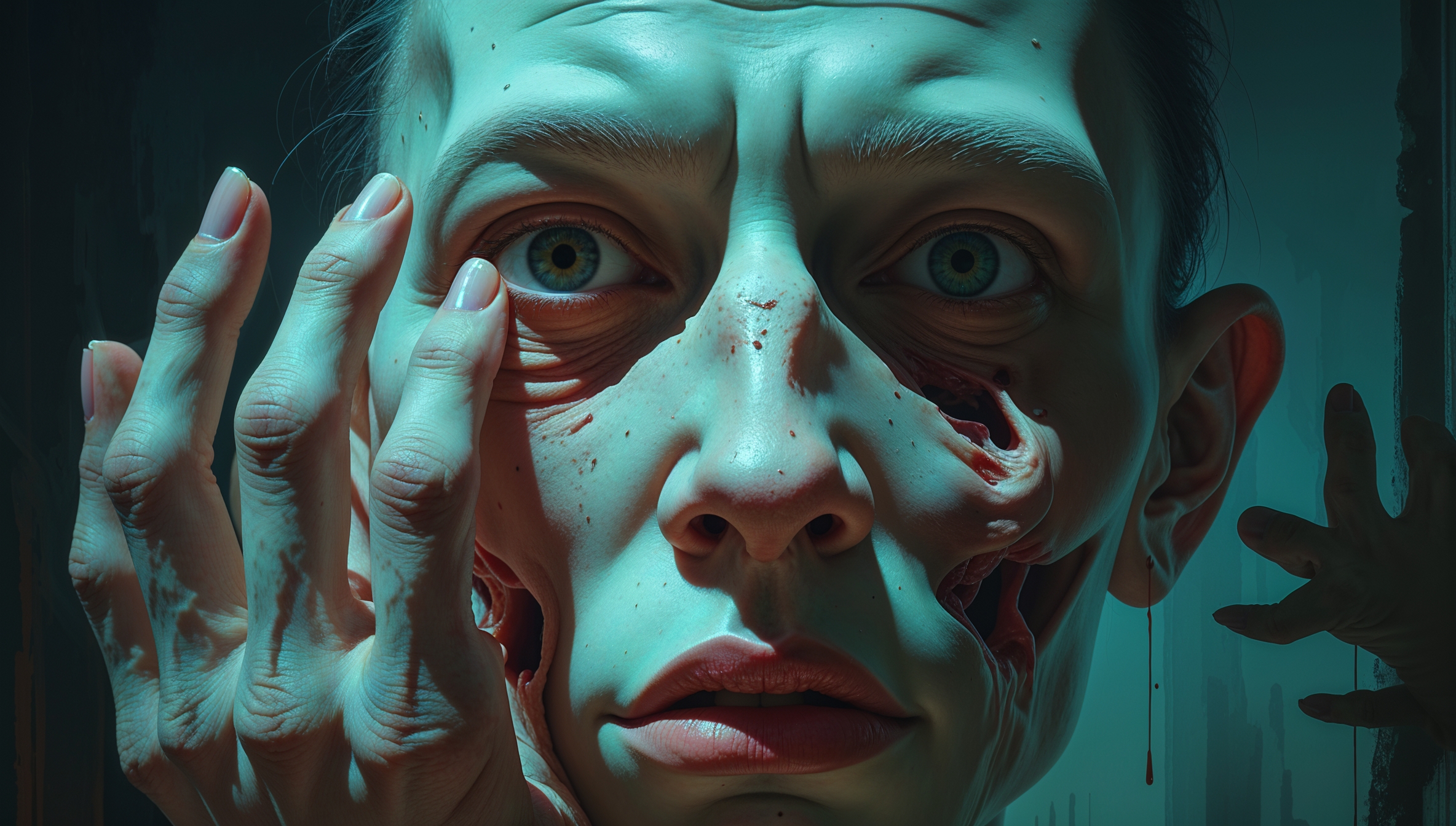 Surreales, düsteres Porträt einer Person mit verzerrtem Gesicht, Horror-Ästhetik, dunkle Atmosphäre und intensive Emotionen