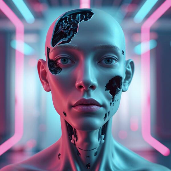 Futuristischer humanoider KI-Android mit beschädigter Haut in einer neonbeleuchteten, cyberpunk-artigen Umgebung