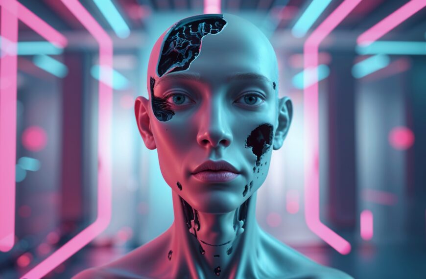 Futuristischer humanoider KI-Android mit beschädigter Haut in einer neonbeleuchteten, cyberpunk-artigen Umgebung