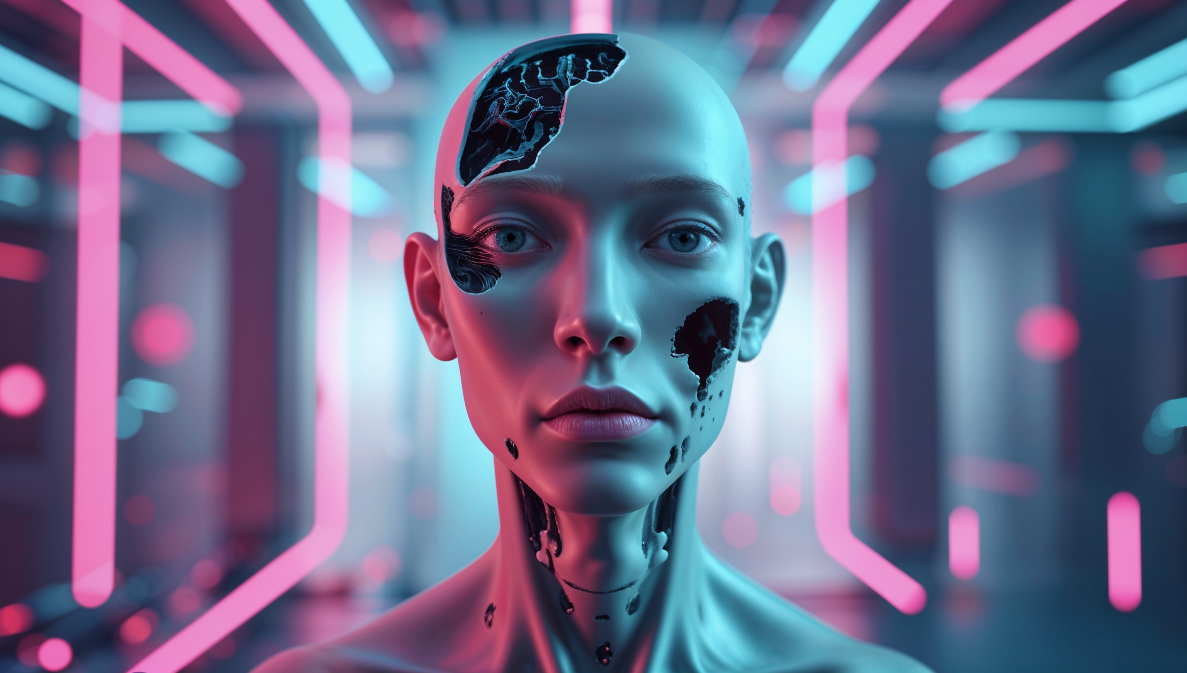 Futuristischer humanoider KI-Android mit beschädigter Haut in einer neonbeleuchteten, cyberpunk-artigen Umgebung
