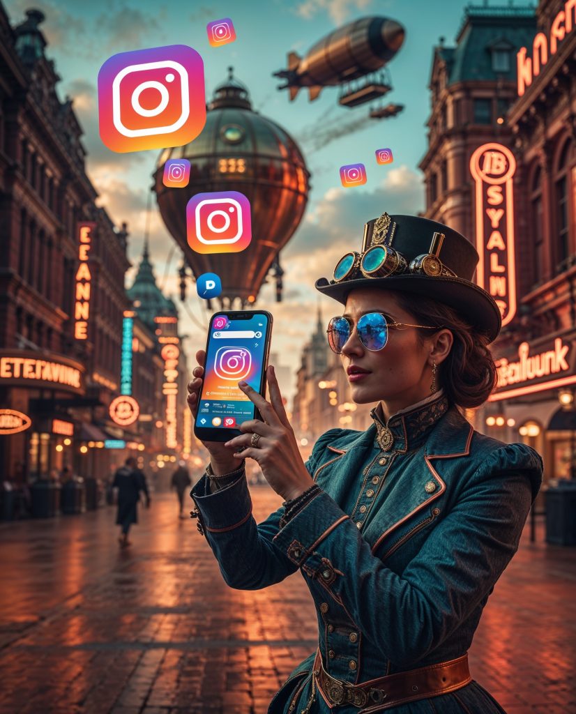 A_visually_striking_scene_blending_Steampu_0 Eine Frau in Steampunk-Kleidung nutzt Instagram in einer futuristisch-historischen Stadt