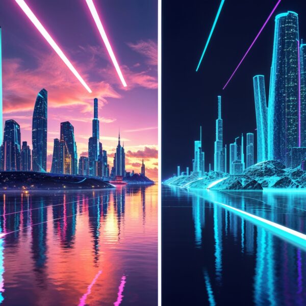 Futuristische Skyline im Vergleich: Realistische und digitale Neon-Version einer Stadt bei Nacht, Cyberpunk-Ästhetik