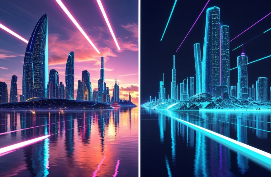 Futuristische Skyline im Vergleich: Realistische und digitale Neon-Version einer Stadt bei Nacht, Cyberpunk-Ästhetik