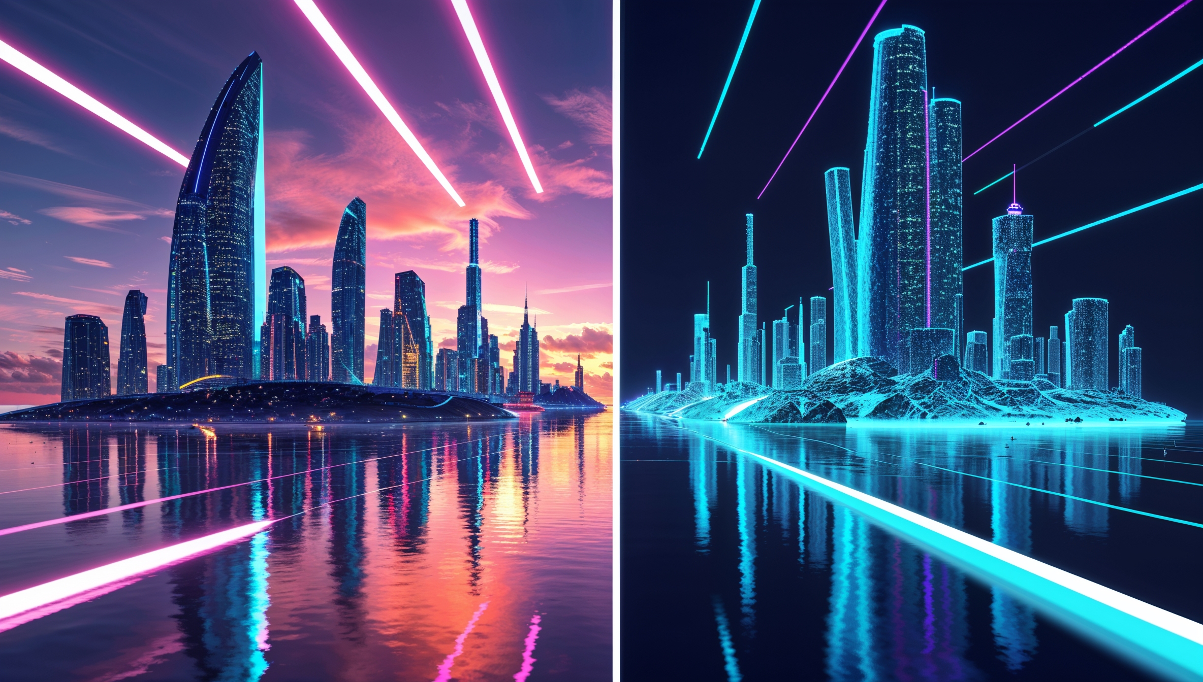 Futuristische Skyline im Vergleich: Realistische und digitale Neon-Version einer Stadt bei Nacht, Cyberpunk-Ästhetik