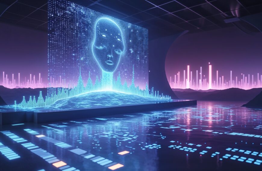 Futuristische Hologramm-Darstellung eines KI-Gesichts in blauer Neon-Umgebung, digitale Stadtlandschaft im Hintergrund