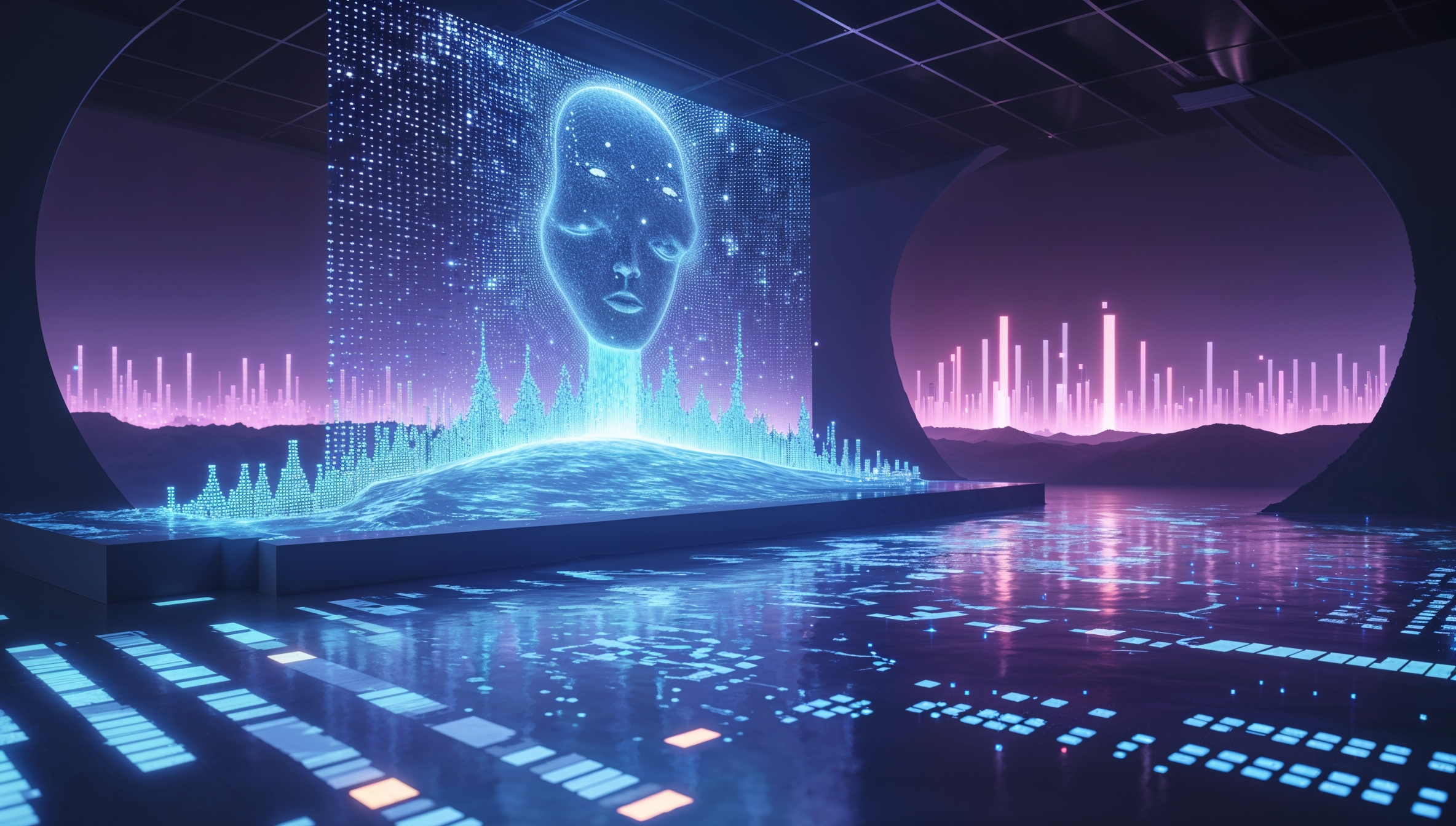 Futuristische Hologramm-Darstellung eines KI-Gesichts in blauer Neon-Umgebung, digitale Stadtlandschaft im Hintergrund