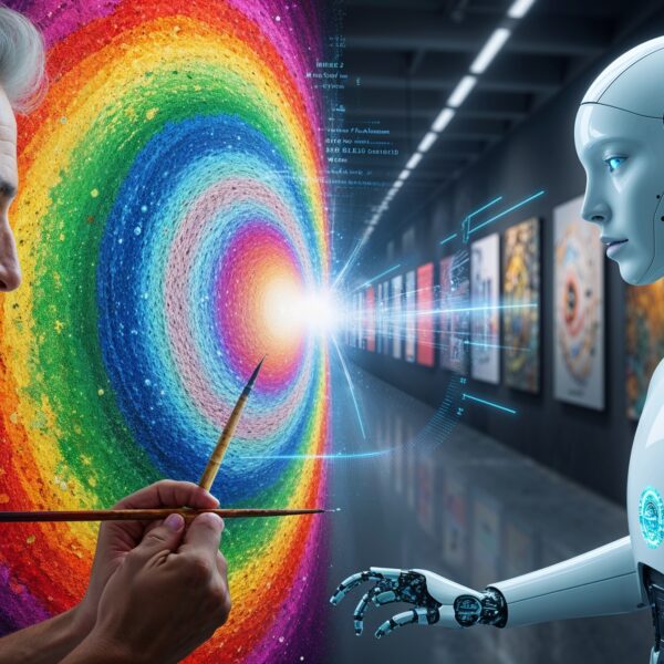 Mensch und KI-Roboter gemeinsam vor farbenfrohem Gemälde, Verbindung zwischen menschlicher Kreativität und Technologie