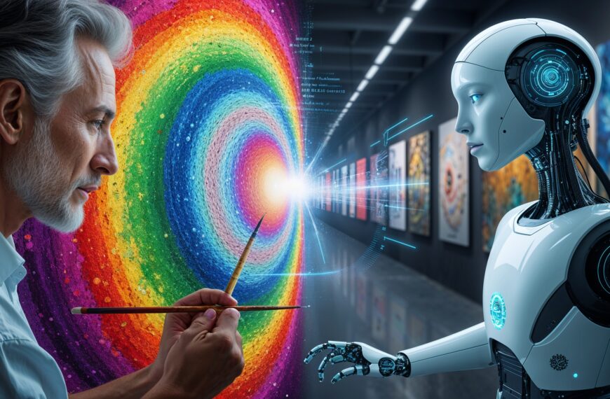 Mensch und KI-Roboter gemeinsam vor farbenfrohem Gemälde, Verbindung zwischen menschlicher Kreativität und Technologie