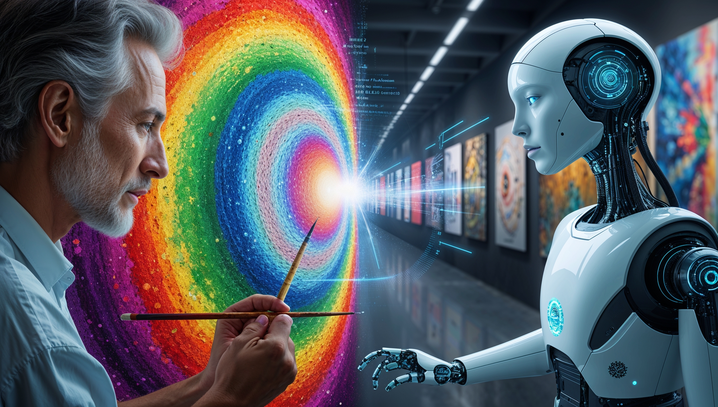 Mensch und KI-Roboter gemeinsam vor farbenfrohem Gemälde, Verbindung zwischen menschlicher Kreativität und Technologie