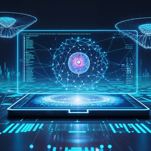 Holografisches Display auf futuristischem Tablet, digitale Projektionen und Sci-Fi-Umgebung mit schwebenden Elementen