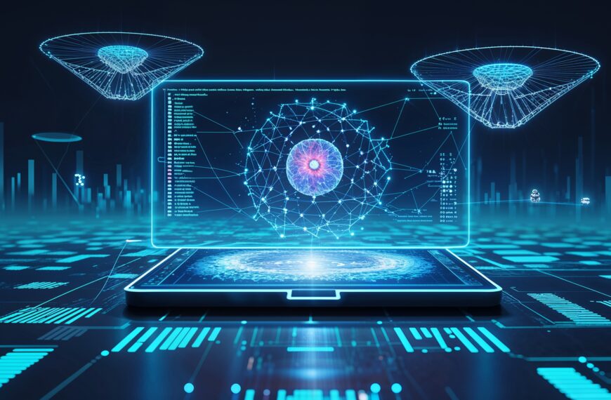 Holografisches Display auf futuristischem Tablet, digitale Projektionen und Sci-Fi-Umgebung mit schwebenden Elementen