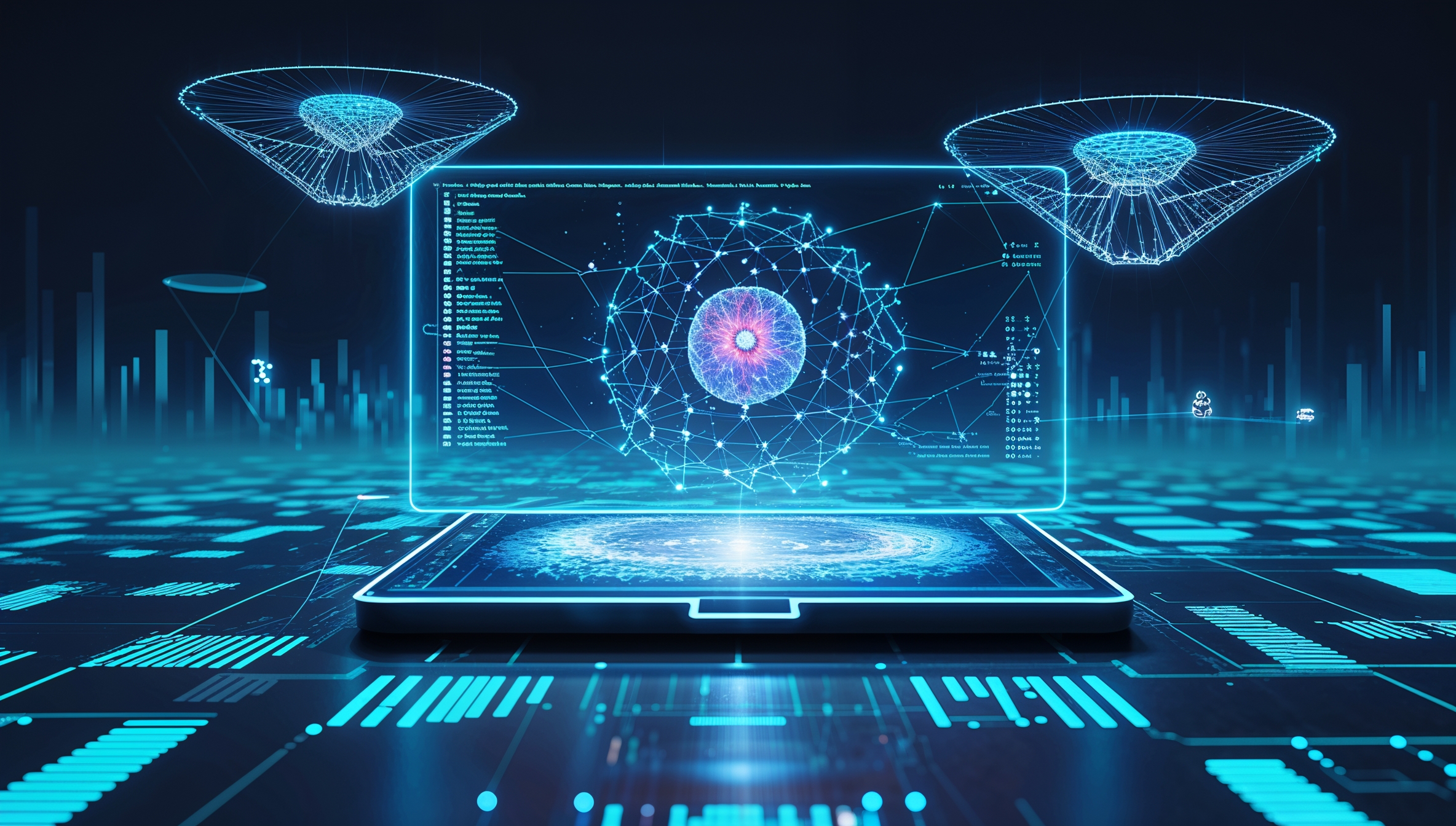 Holografisches Display auf futuristischem Tablet, digitale Projektionen und Sci-Fi-Umgebung mit schwebenden Elementen