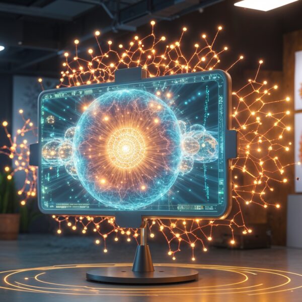 Futuristisches Hologramm-Display in kreativem Atelier, digitale Kunstgalerie, Technologie und abstrakte Kunst im Hintergrund