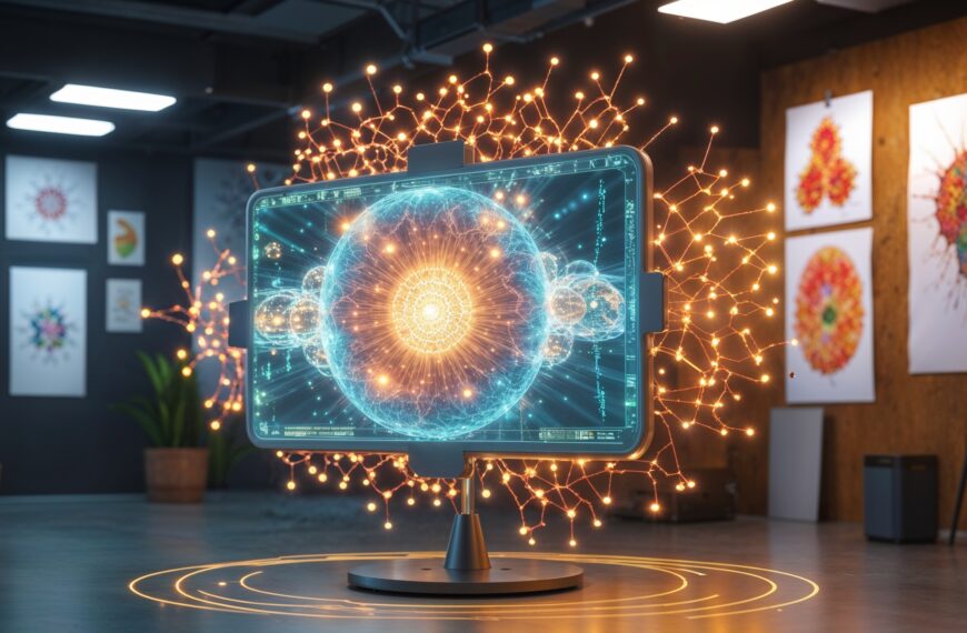 Futuristisches Hologramm-Display in kreativem Atelier, digitale Kunstgalerie, Technologie und abstrakte Kunst im Hintergrund