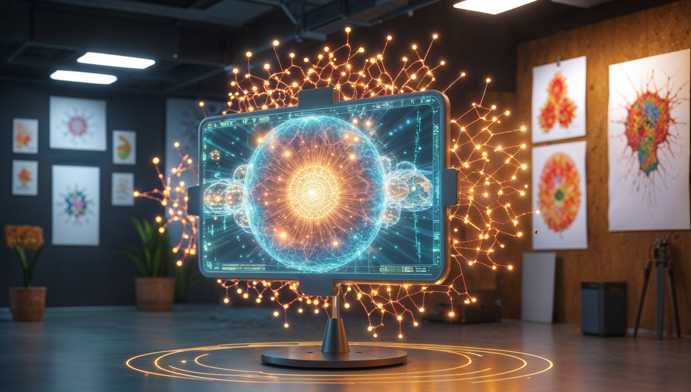 Futuristisches Hologramm-Display in kreativem Atelier, digitale Kunstgalerie, Technologie und abstrakte Kunst im Hintergrund