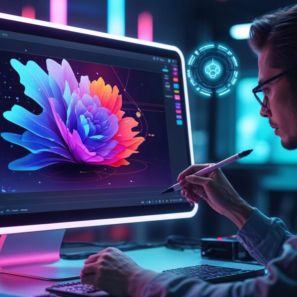 Digitaler Künstler erstellt KI-generierte Kunst auf einem futuristischen Grafik-Tablet mit leuchtenden Farben