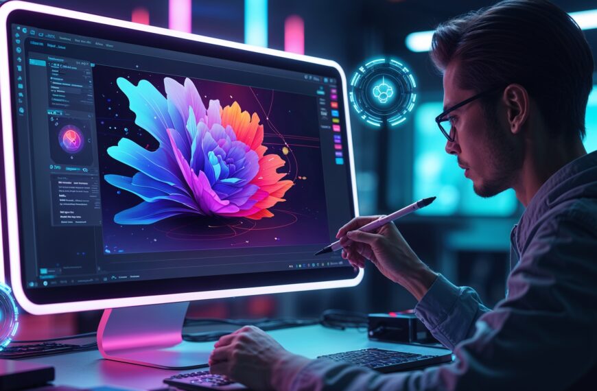 Digitaler Künstler erstellt KI-generierte Kunst auf einem futuristischen Grafik-Tablet mit leuchtenden Farben