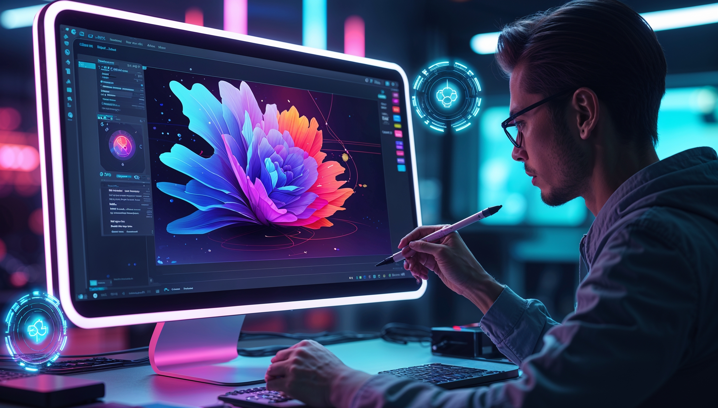 Digitaler Künstler erstellt KI-generierte Kunst auf einem futuristischen Grafik-Tablet mit leuchtenden Farben