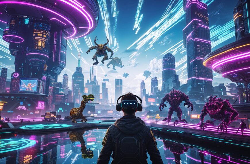 Futuristische virtuelle Realität mit Gamer, Cyberpunk-Stadt, Neonlichtern und digitalen Monstern in einer Spielwelt