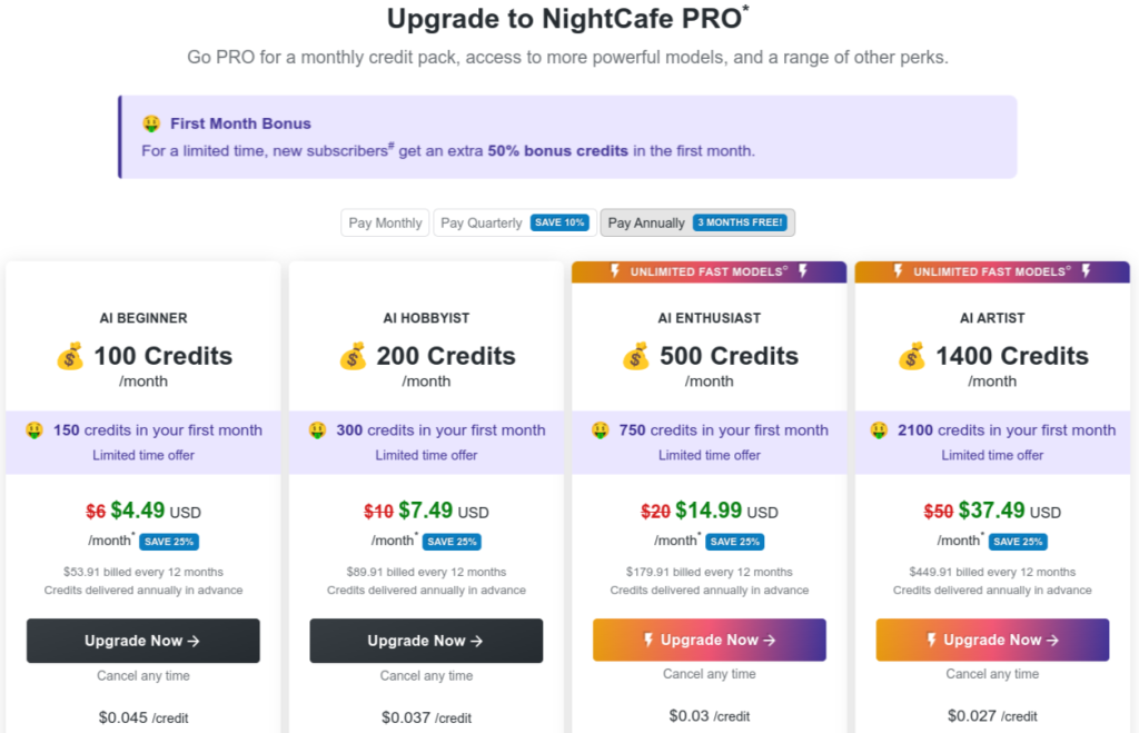 NightCafe Preise