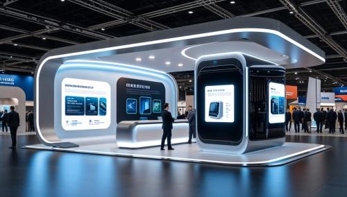 A sleek futuristic exhibition booth with a 0 3c3b00a4-138c-4d78-9ff9-1db365400f29